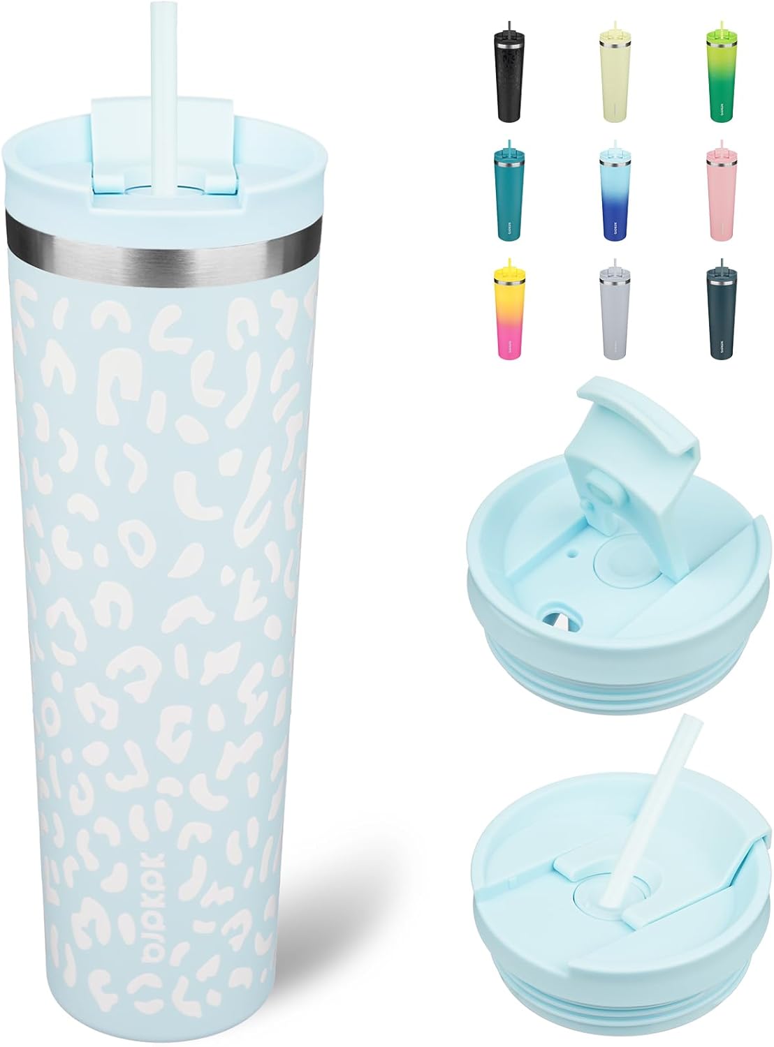 BJPKPK 34oz Tumbler With lid And Straw Stainless Steel Travel Coffee Mug Insulated Tumblers Cups,Light Blue Leopard