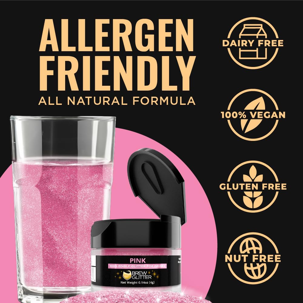 Brew Glitter Pink Edible Drink Glitter 1x 4g Jar for Cocktails, Beer, & Beverages