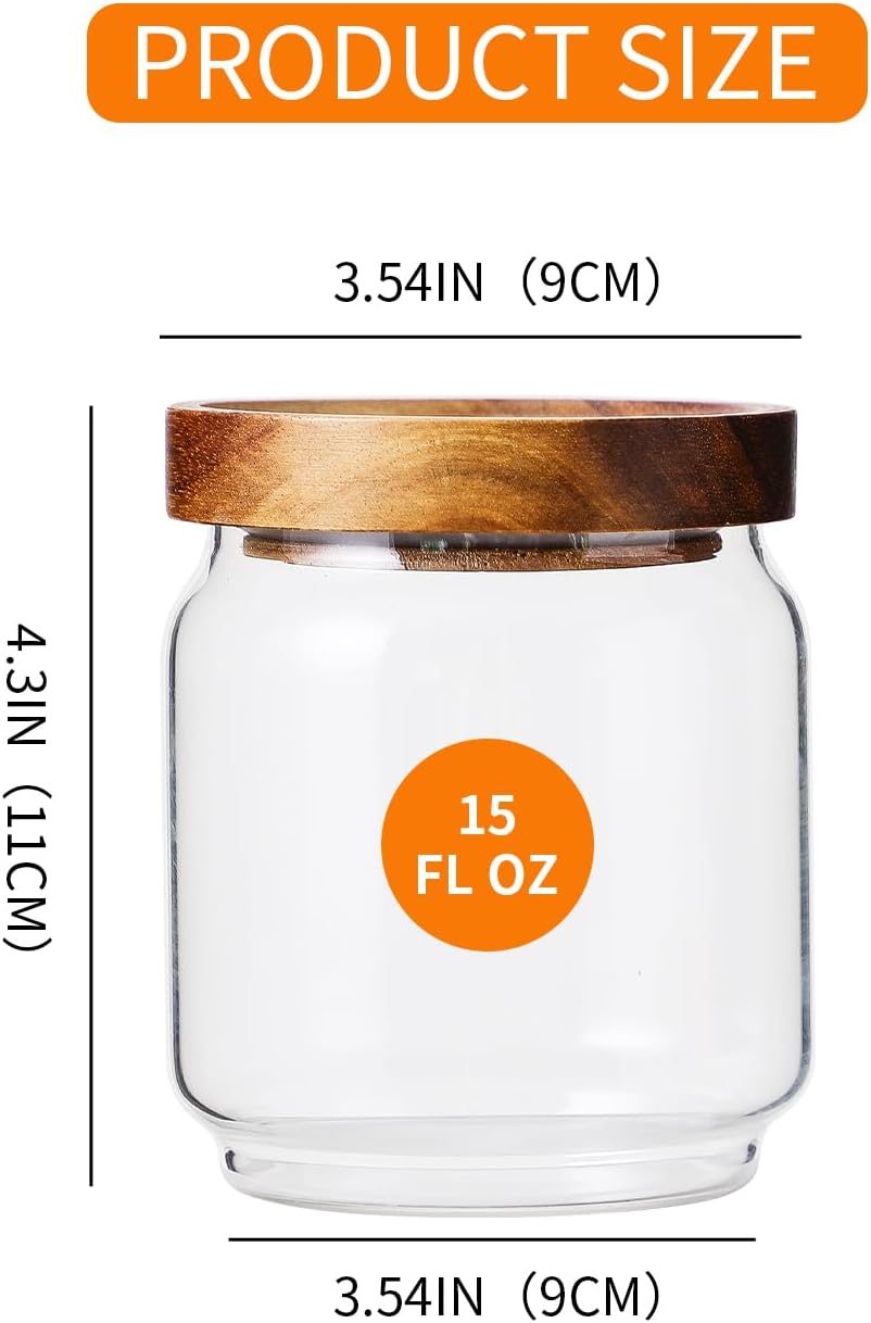 Glass Storage Containers Set of 4, 15 FL OZ High Borosilicate Glass Jars Kitchen Food Canisters with Acacia Wood Lids for Coffee Beans/Sugar/Tea/Nuts