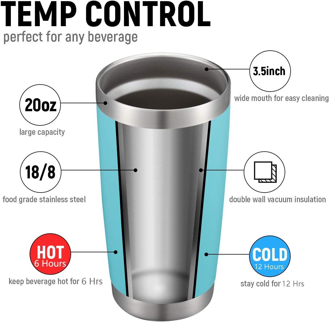 COMOOO 20oz Double Wall Vacuum Insulated Travel Mug Bulk Stainless Steel Tumbler with Lid and Straw Durable Powder Coated Insulated Coffee Cup for Cold & Hot Drinks (Light Blue, 12 pack