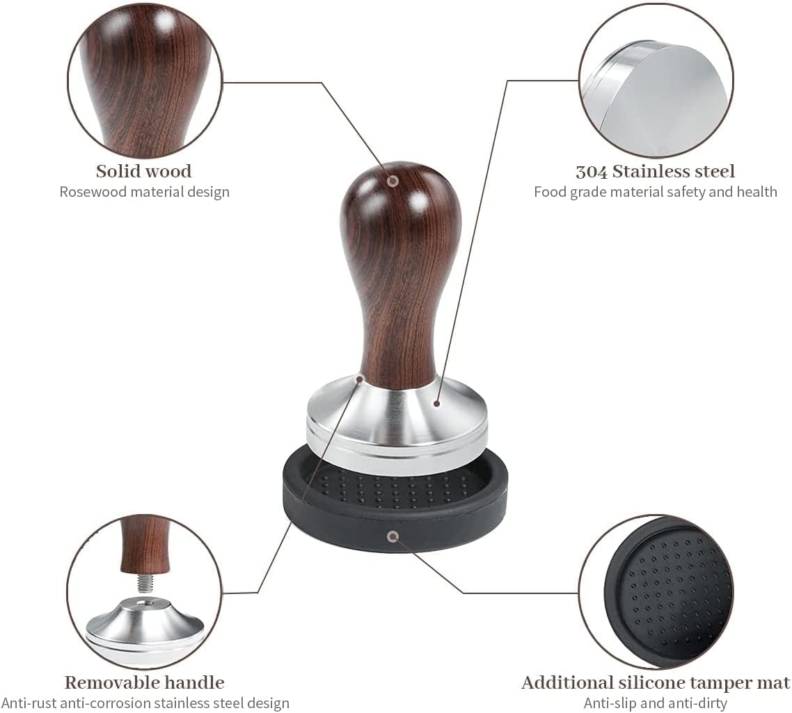Coffee Tamper Espresso Press with Tamper Mat 304 Stainless Steel Flat Base Wooden Handle for Coffee Grounds Barista Espresso Machines Accessory (58MM)