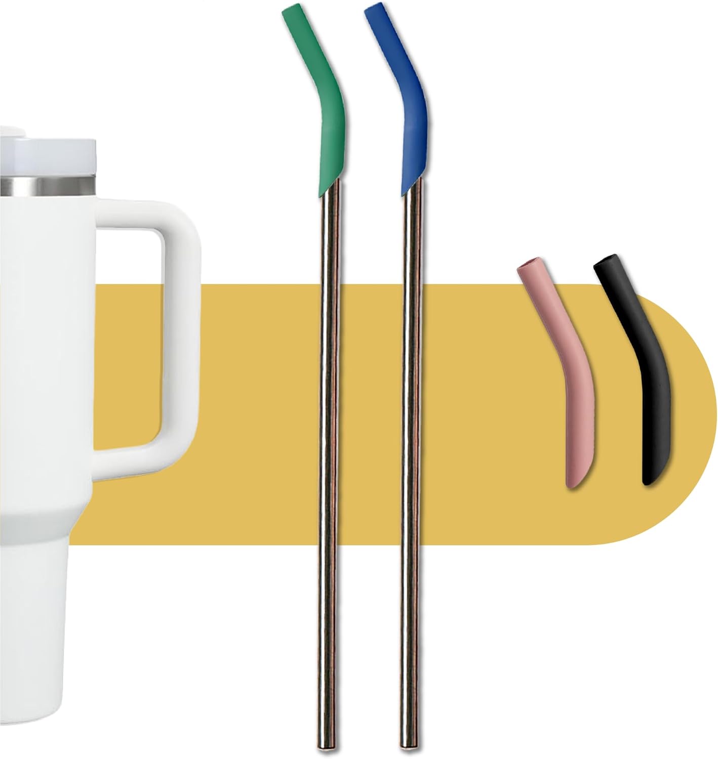 purifyou 14.5 inches Extra Long Stainless Steel Drinking Straws with Silicone Tips, Reusable Metal Straws for Tumblers, Smoothies, Milkshakes (Set of 2 with 2 Extra Silicone Tips, Assorted Colors)