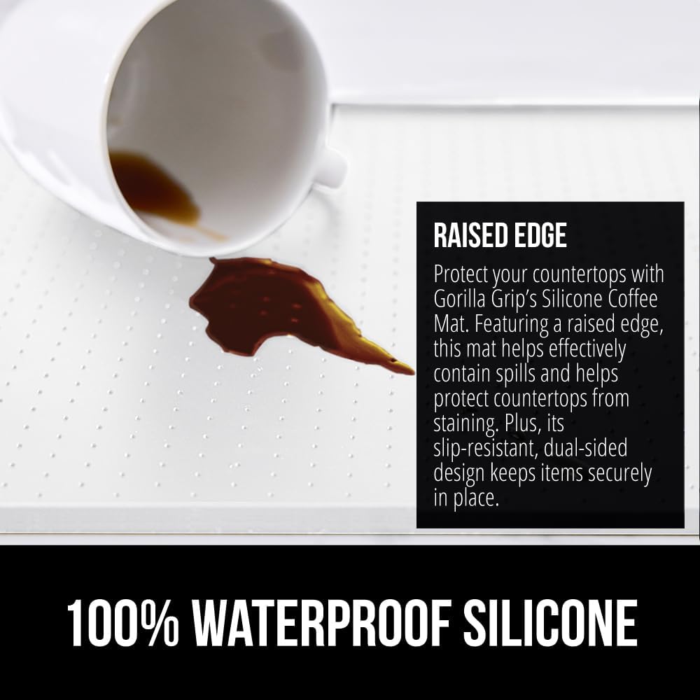 GORILLA GRIP Silicone Coffee Mat, 15x23, Espresso Drink Bar Station Accessories, Use Under Machine, Waterproof Heat Resistant Multi-Use Dish Drying Mats, Stays in Place, Kitchen Home Decor, White
