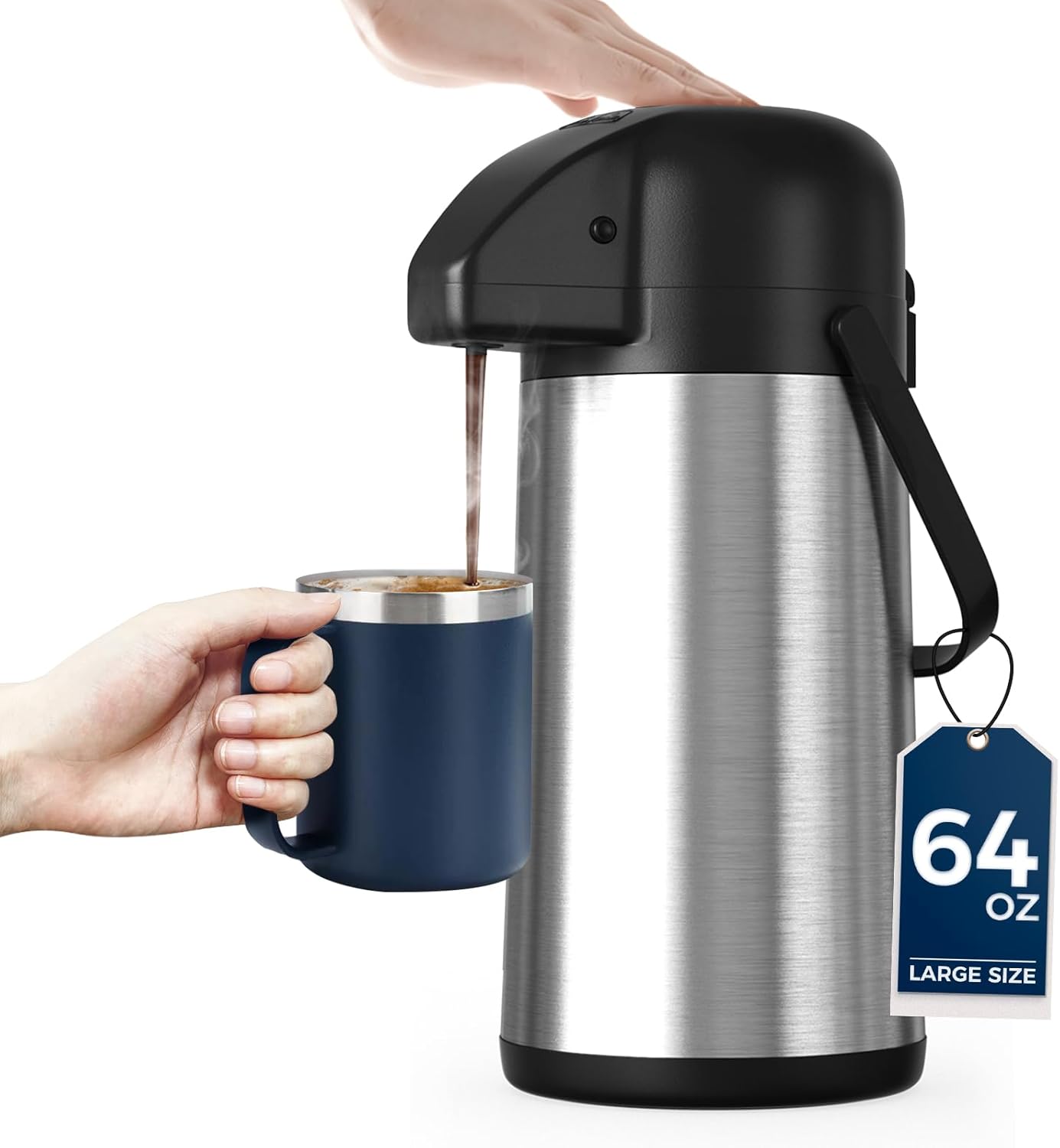 Coffee Carafe for Keeping Hot - 64OZ / 1.9L Airpot Coffee Dispenser with Pump - Large Coffee Thermos for Hot Drinks Tea Liquid - Insulated Stainless Steel Hot Water Beverage Dispenser Urn for Parties