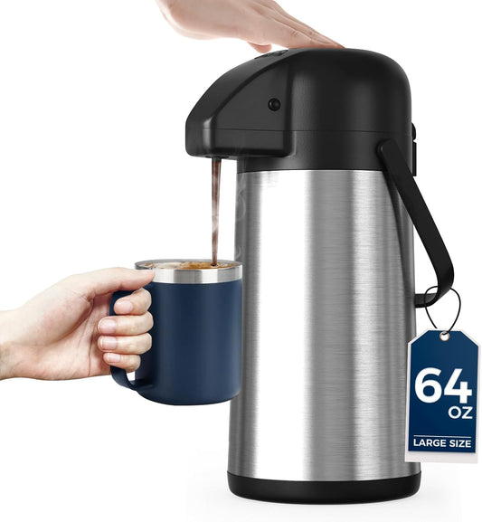 Coffee Carafe for Keeping Hot - 64OZ / 1.9L Airpot Coffee Dispenser with Pump - Large Coffee Thermos for Hot Drinks Tea Liquid - Insulated Stainless Steel Hot Water Beverage Dispenser Urn for Parties
