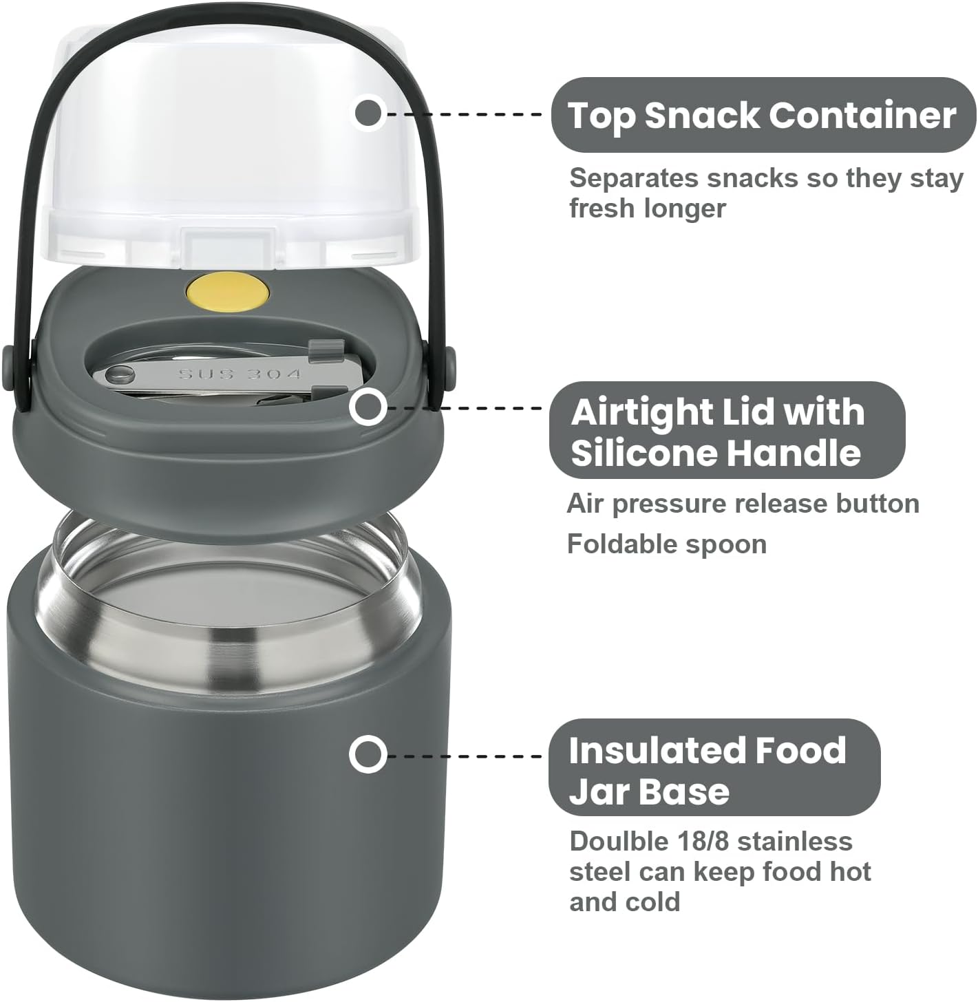 2-in-1 Insulated Food Jar & Snack Container - 15oz Kids Soup Thermos for Hot Food with Handle and Spoon, Leak Proof Reusable Toddler Snack Box, Perfect for School & Travel, Grey