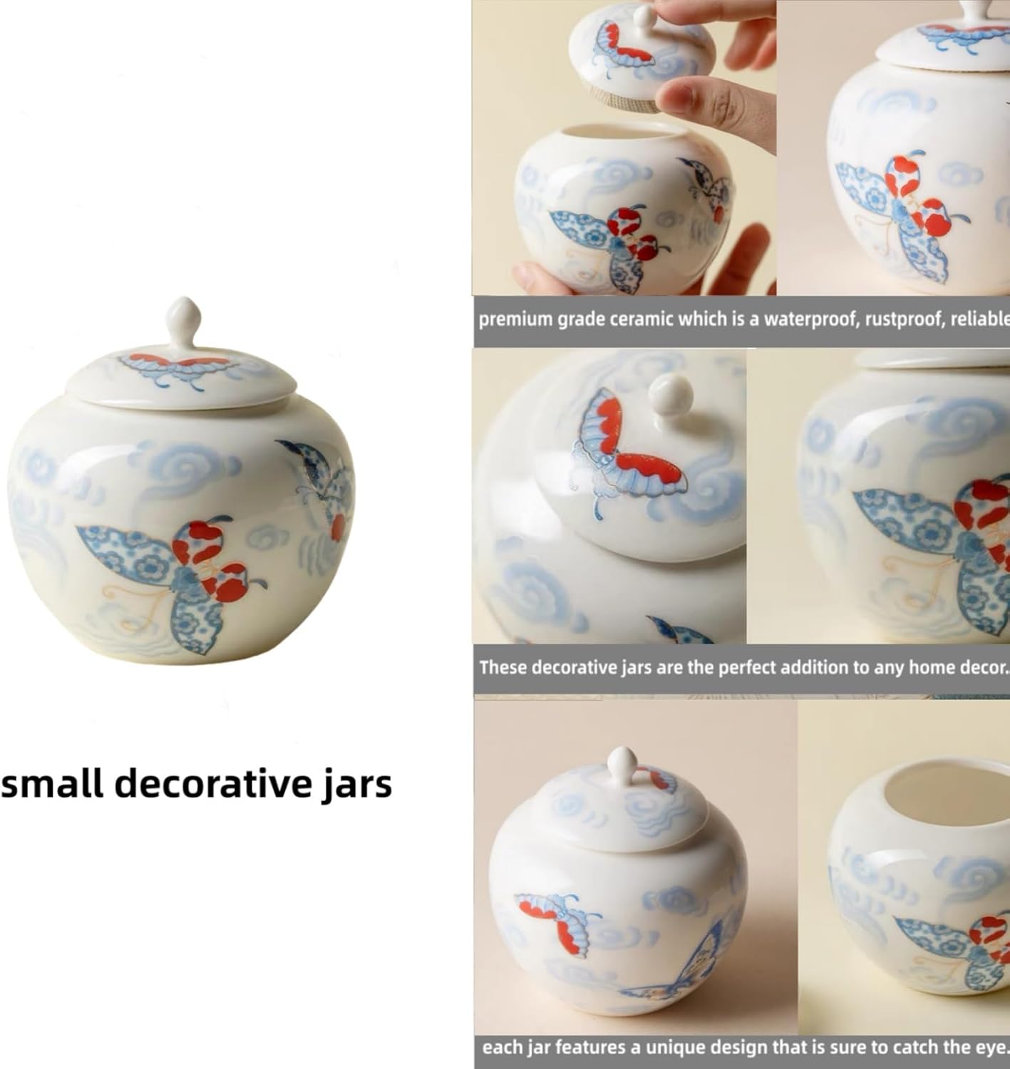 Butterflies Small Ginger Jar - 3.5 inches white decorative Ceramic Ginger jars with Lid， chinoiserie gift small jars for Home decor/jewelry/Tea/coffee beans/Storage