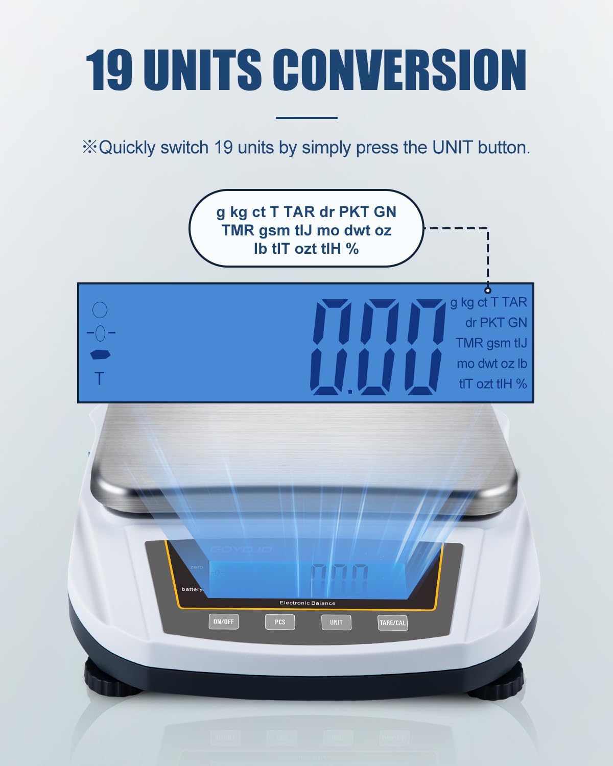 GOYOJO Digital Analytical Balance and Lab Scale, 5000g Capacity, 0.01g Precision, Stainless Steel, Multi-Unit (g/oz/ct/lb) for Jewelry, Kitchen, and Lab – Reliable, Accurate, Easy to Use, Black Panel