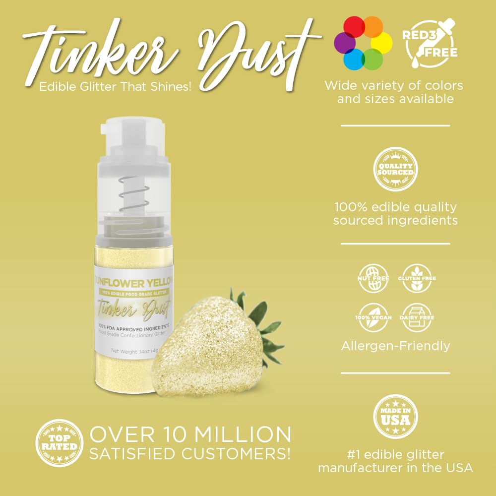 Bakell - Sunflower Yellow Tinker Dust (4g, 1x Mini Spray Pump) Edible Glitter for Food, Desserts, and Beverages!