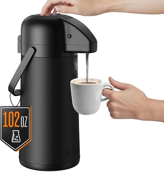 Airpot Coffee Carafe for Keeping Hot - 102 OZ/ 3L Large Coffee Dispenser with Pump - Insulated Stainless Steel Thermos Urn for Hot Drinks Water Tea - Thermal Beverage Dispenser for Parties