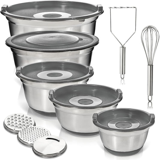 WHYSKO Stainless Steel Mixing Bowls with Lids Set - 5 Rustproof Metal Nesting Mixing Bowls for Kitchen, Meal Prep, Baking, Cooking, Storage - Includes 3 Grater Attachments, Dishwasher Safe