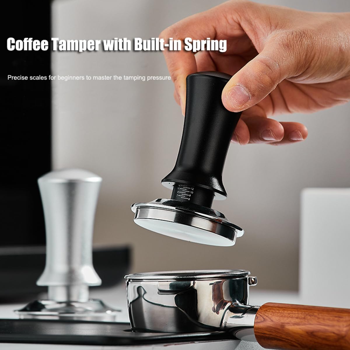 51mm Espresso Tamper and Stirrer Set, Adjustable Spring Loaded Calibrated Coffee Tamper Barista Accessories Kit, Black