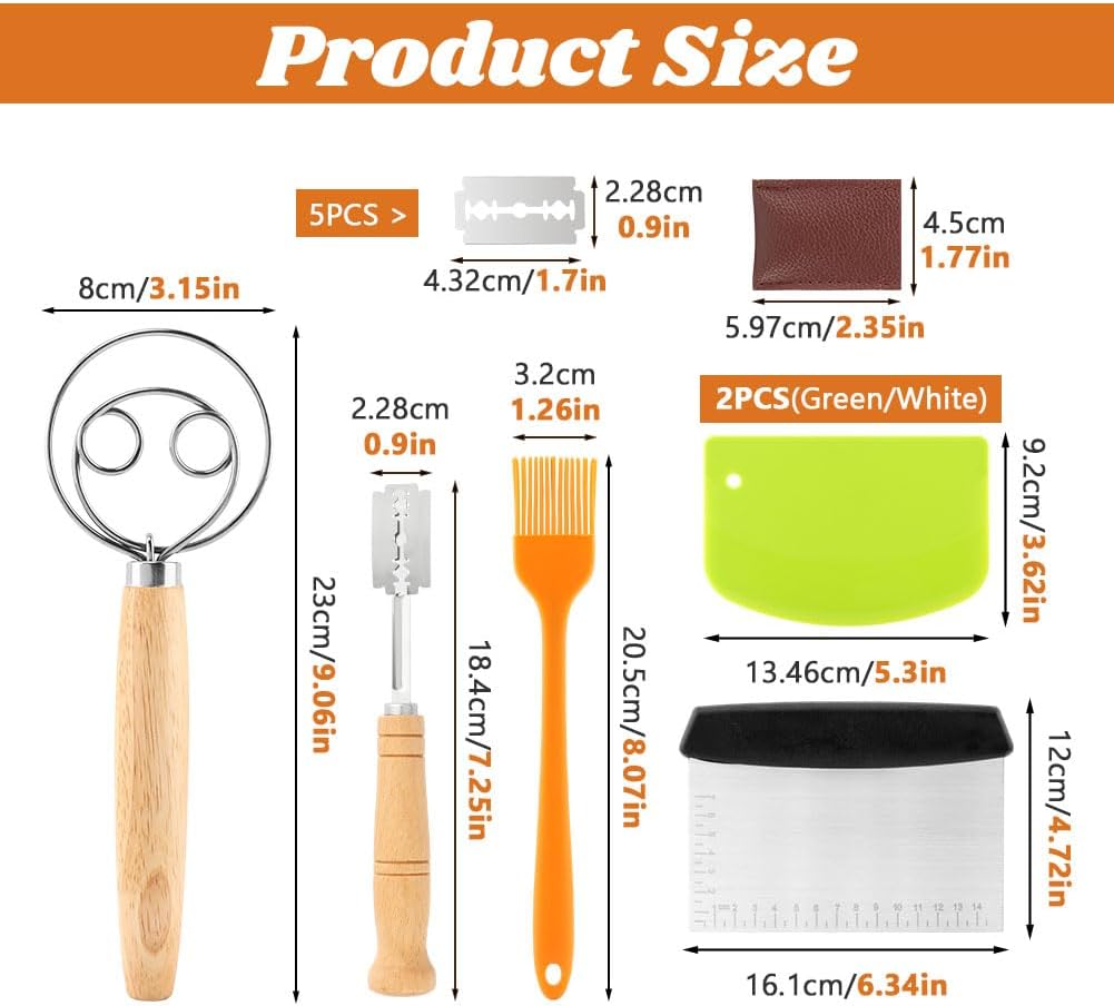 Danish Dough Whisk with Sourdough Scoring Tool, Bread Making Tools Baking Supplies, Dough Hook Dutch Whisk, Bread Lame, Bench Scraper & Pastry Brush, Set of 6(6pcs,COLOR:silver)