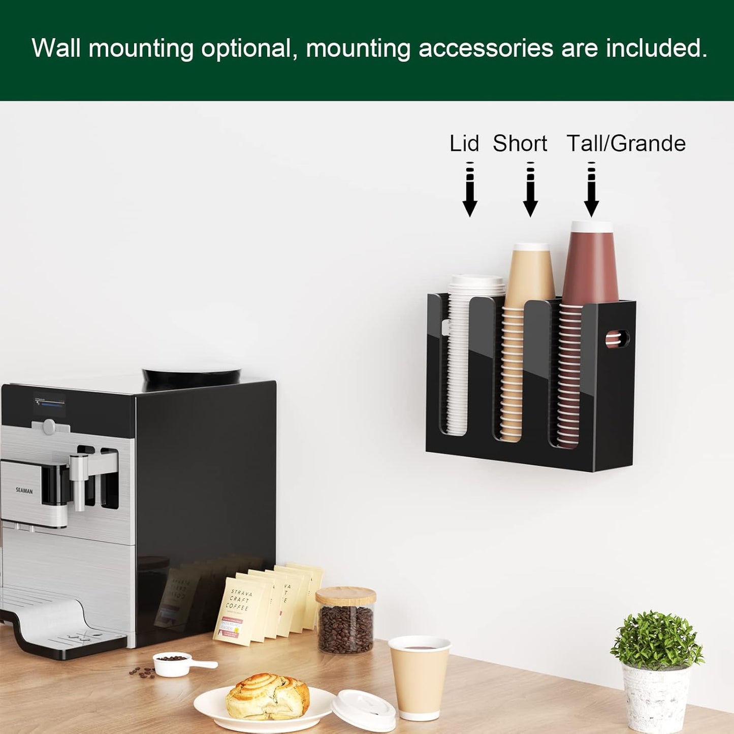 Disposable Coffee Cup Dispenser with Handles, Countertop or Wall Mount Hot/Cold Drink Cup and Lid Holder - Bathroom/Kitchen/Office Acrylic Cup Lid Storage Organizer (3 Compartments, Black)