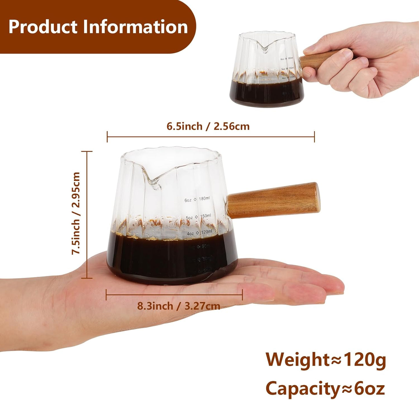 YARRAMATE 2 Pack 6 oz/180ML Glass Measuring Cup with Wooden Handle – Espresso Shot Cups, Ribbed Milk Frothing Pitcher, Dual Scale Markings, V-Shaped Mouth for Easy Pouring