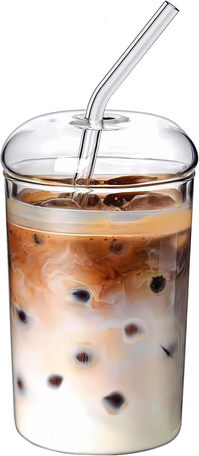 16oz Glass Cup with Glass Lid & Straw - Drinking Glasses for Iced Coffee, Bubble Tea, Matcha, Smoothie, Soda, Water - BPA-Free Glassware with Cleaning Brush, Dishwasher Safe