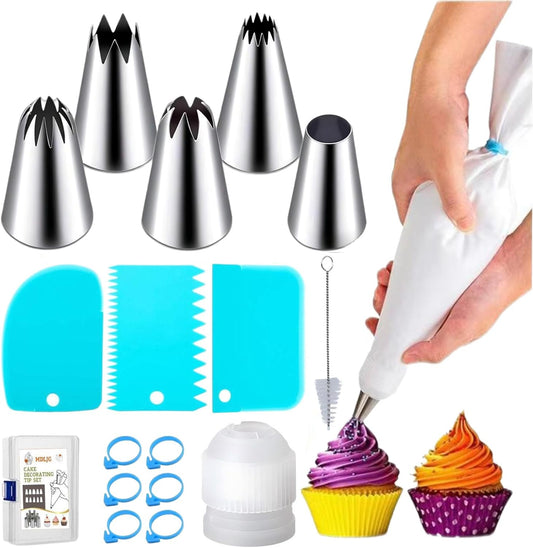 17 Pcs Extra Large Piping Tips,Stainless Steel Frosting Piping Kit,Professional Pastry Tips,Reusable Piping Bags and Decorate the frosting Nozzle,Frosting Icing Tips for Cupcakes, Cake,Cookie