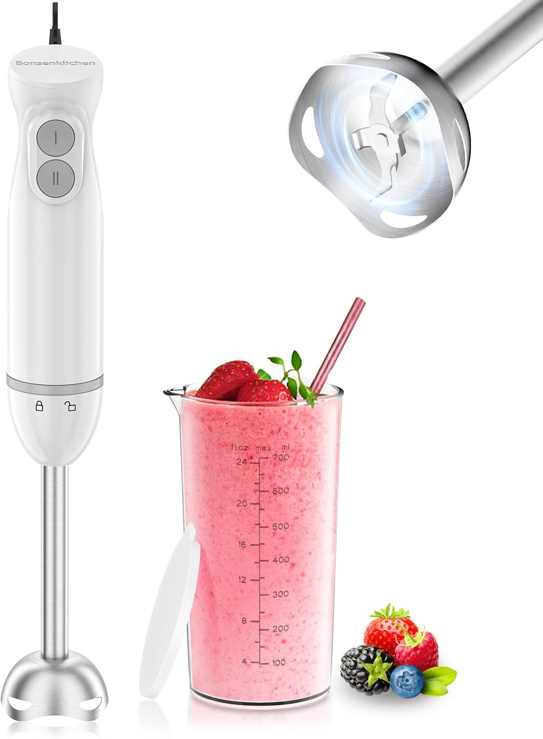 Bonsenkitchen Hand Blender, Immersion Blender with 2 Mixing Speed, 2-In-1 Hand Held Stick Mixer with Beaker for Soups, Smoothies, Sauce, White