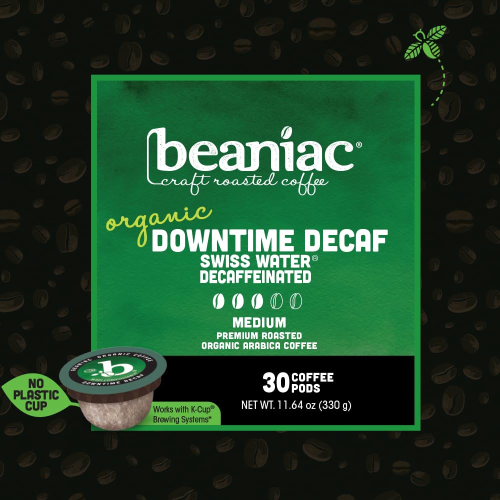 beaniac Organic Downtime Decaf Swiss Water Decaffeinated, Medium Roast, Single Serve Compostable K Cup Coffee Pods, Organic Arabica Coffee, Keurig Brewer Compatible, 30 Count