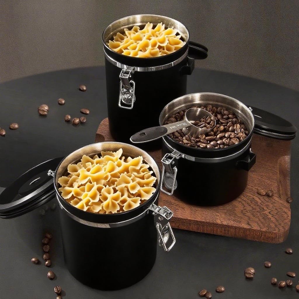 Coffee Canister with Window, 22OZ Airtight 304 Stainless Steel Food Storage Container, Home Kitchen Sugar Organizers Jar with Scoop for Beans, Rice,Tea, Flour, Cereal, Black
