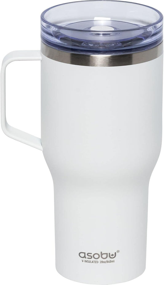 asobu 360 Travel Mug – 28oz Vacuum Insulated Stainless Steel Mug with 360° Spill-Proof Lid and Handle – Keeps Drinks Hot 12H / Cold 24H – Leak-Resistant and Cup Holder Friendly