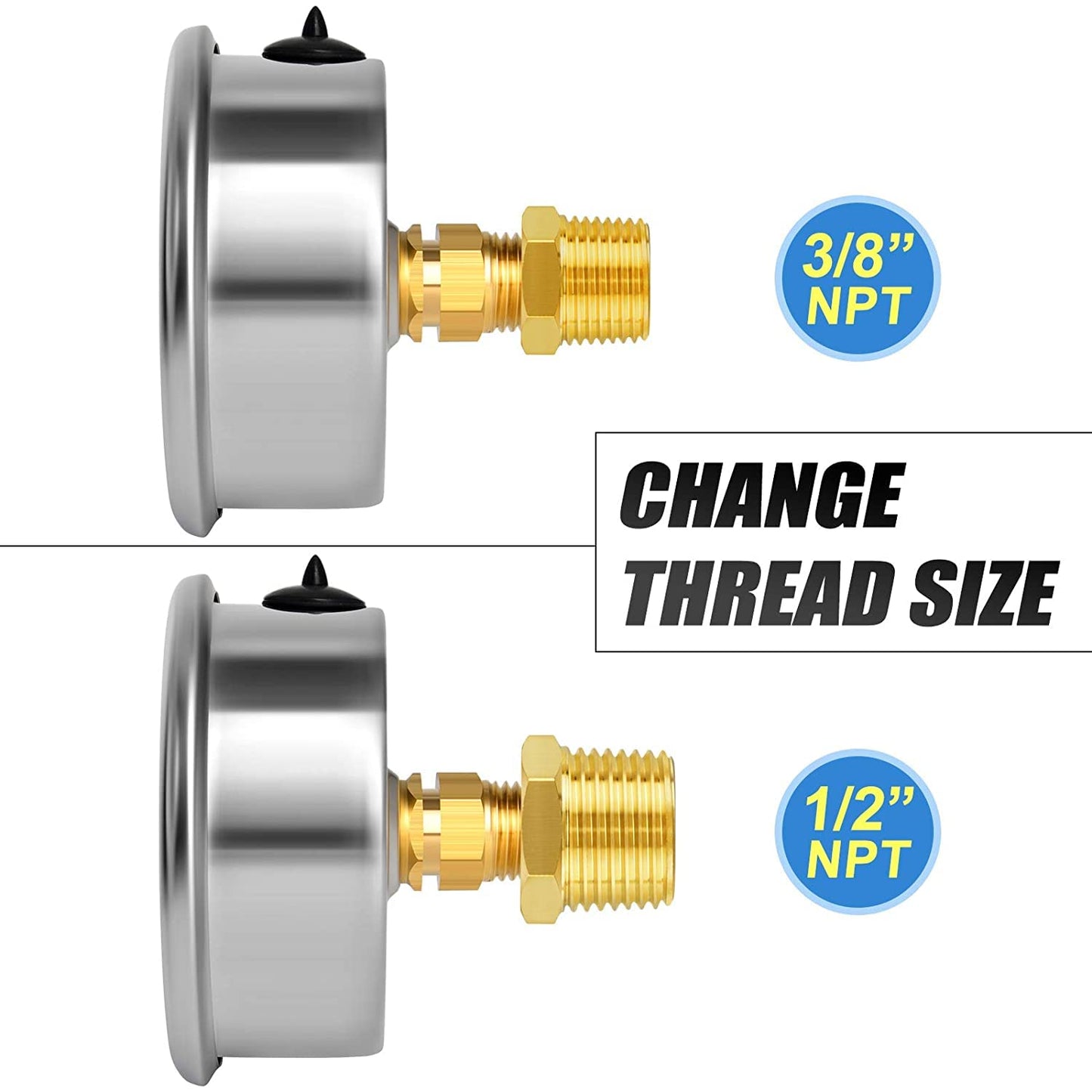 MEANLIN MEASURE 0~200Psi Stainless Steel 1/4" NPT 2.5" FACE DIAL Liquid Filled Pressure Gauge WOG Water Oil Air Back Mount (Pack of 2), with 1/2" NPT and 3/8" NPT Hex Bushing