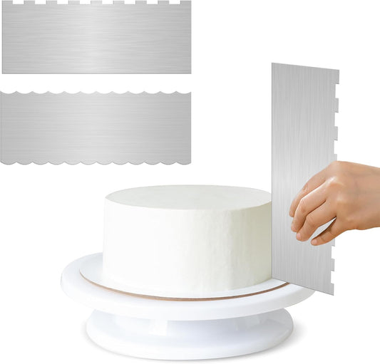 12 Inch Stainless Steel Cake Scraper Set of 2, Metal Cake Scraper Double Sided Patterned Edge for Icing Smoother,Tall Cake Scraper, Cake Combs for Buttercream
