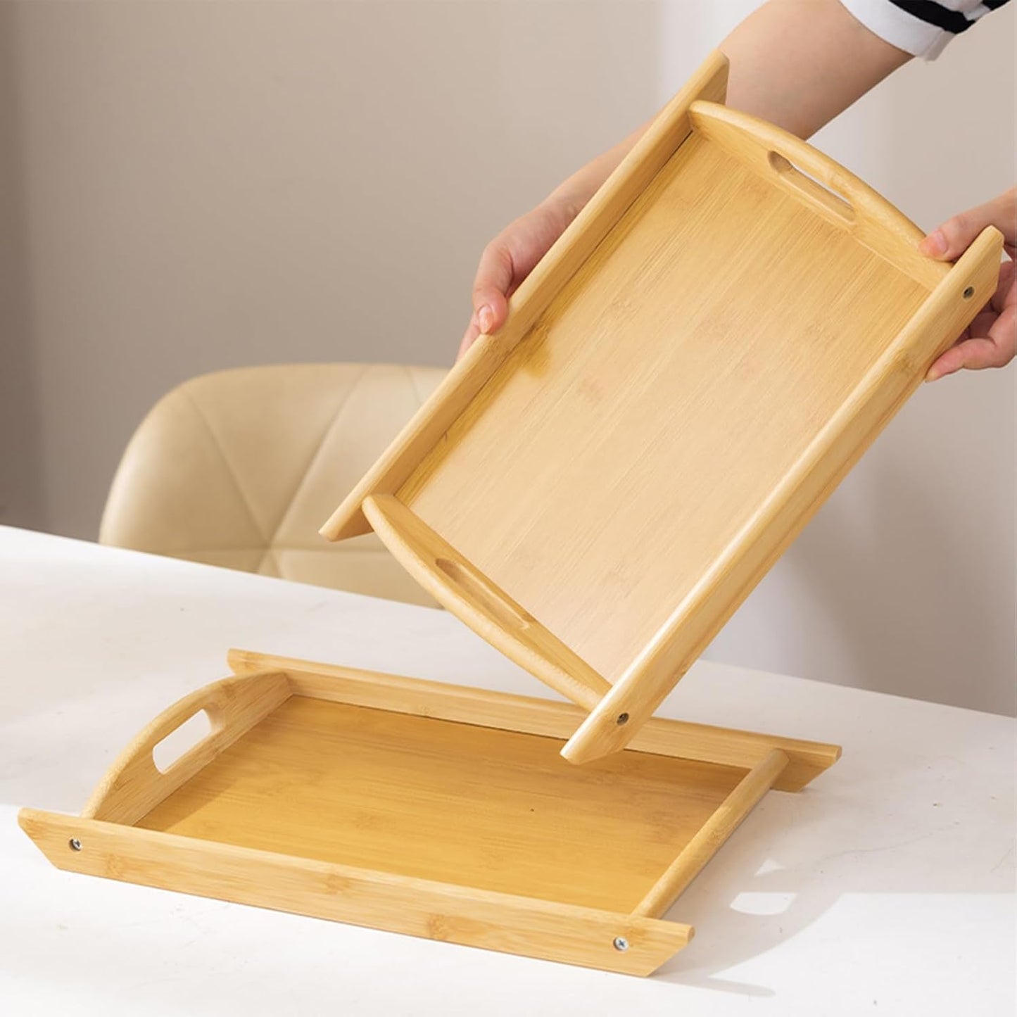 Bamboo Serving Tray Rectangle Platter Breakfast Dinner Food Bed Tray for Eating Kitchen Restaurants (1, 15" x 10.2" x 1.2" (with Handle))