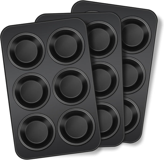 TeamFar Muffin Pan, 6 Cup Muffin Tin Cupcake Pan Tray with Nonstick Coating and Stainless Steel Core, for Home/Kitchen Baking, Healthy & Heatproof, Release Easily & Easy Clean, Set of 3