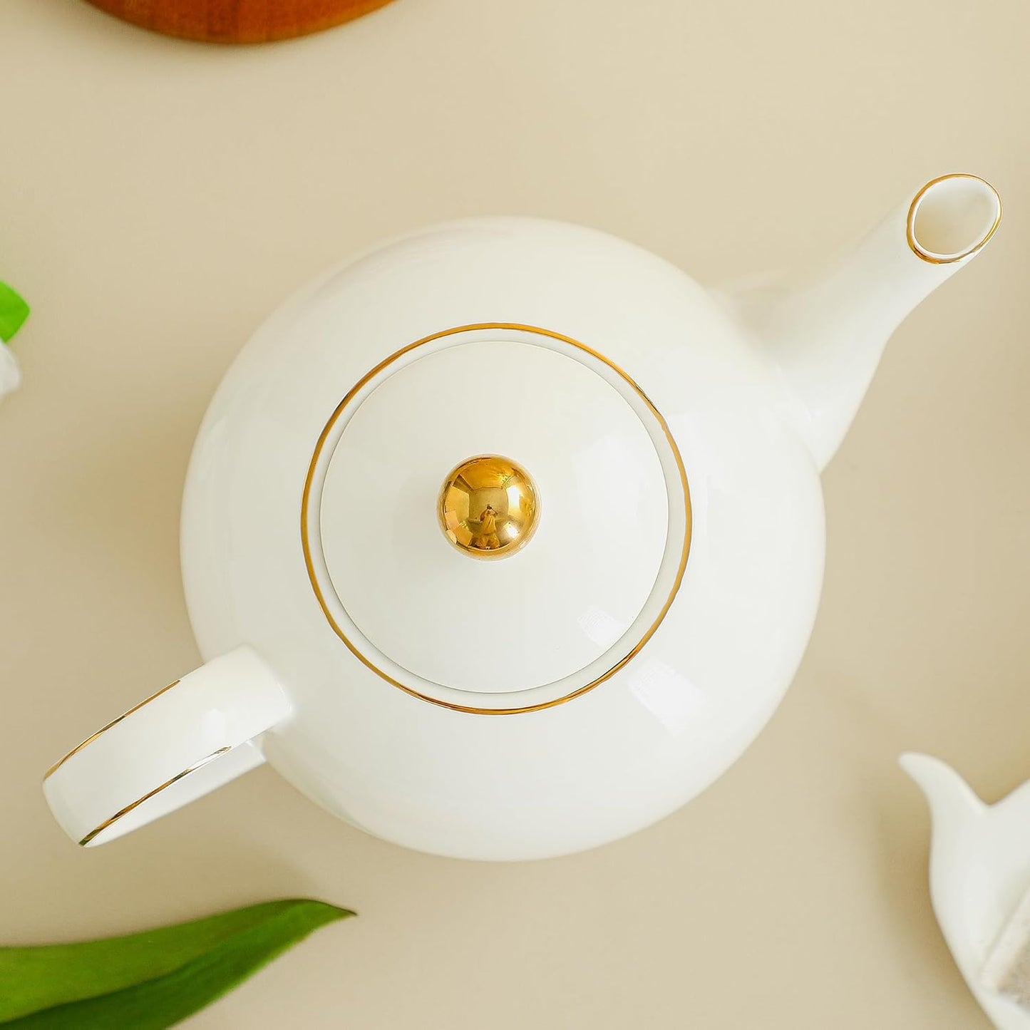 30oz White Porcelain Teapot, Classic design tea pot with Gold Trim, Beautiful white teapots for loose leaf tea and tea bags, Tea Party friendly