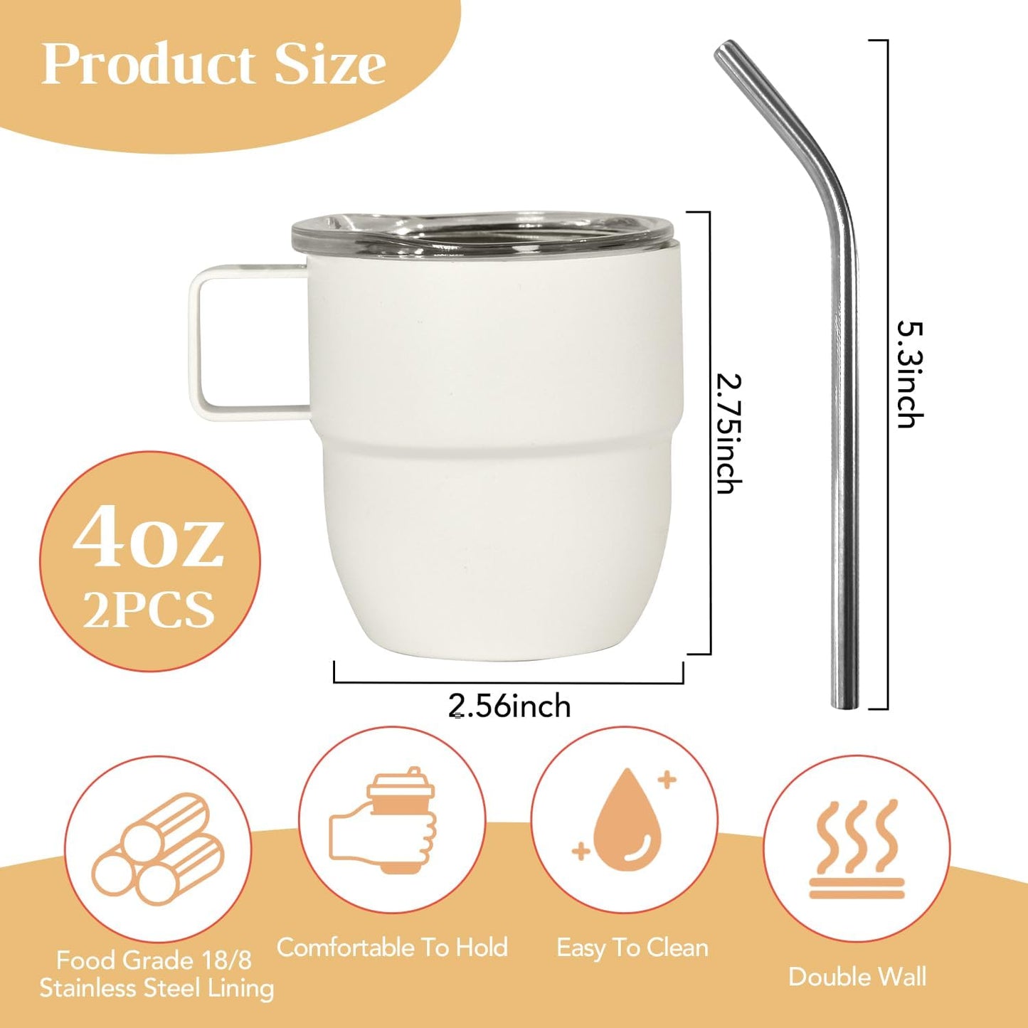 4oz Stackable Cup, Vacuum Insulated Espresso Cup Set of 2, Espresso Mug for Coffee, Double Wall Stainless Steel Mini Tumbler Shot Glasses with Straw and Lid (B-white2P, 4oz)