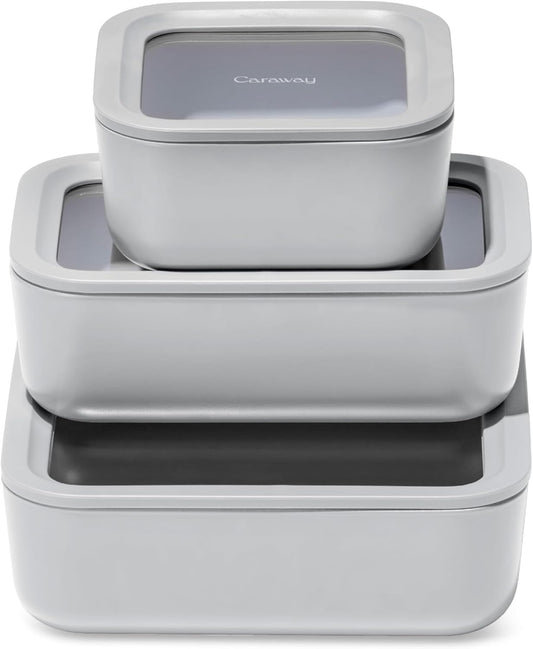 Caraway 3pc Glass Food Storage Set - 10, 6.6, & 4.4 Cup Containers - Ceramic Coated - Non-Toxic Non-Stick Lunch Box With Glass Lids - Dishwasher, Oven, & Microwave Safe - Gray