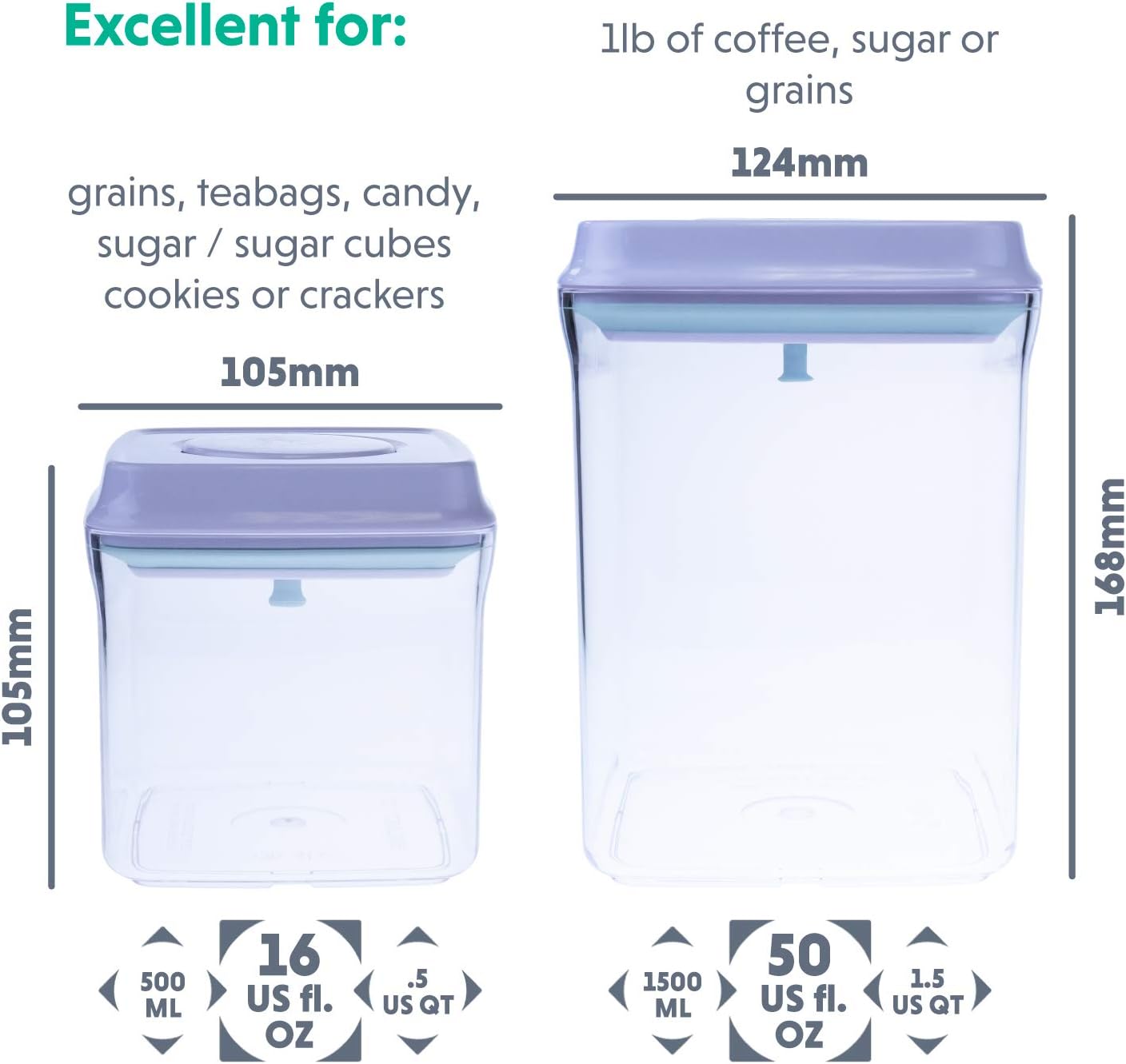 BopTop (2pc Set) Airtight Food Storage Container – Mechanical Silicone Seal Canister - BPA-Free Stackable - 1.5Qt/.5Qt