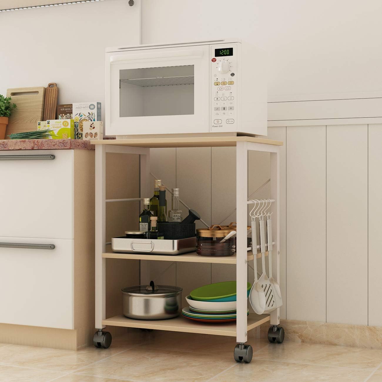 DlandHome Standing Baker's Racks Appliance Table Small Rolling Kitchen Cart Microwave Cart Stand, 3-Tier Kitchen Baker's Rack Utility Cart Microwave Stand Kitchen Shelf, W4-Maple