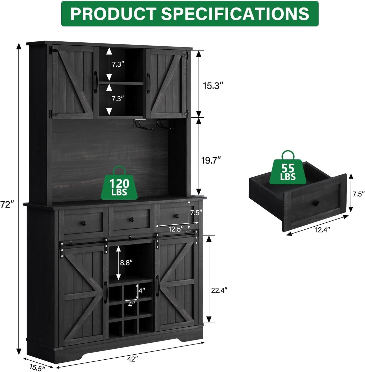 4 EVER WINNER 72" Coffee Bar Cabinet with Sliding Barn Door & Wine Racks, Hutch Cabinet with Storage and 3 Drawers, Farmhouse Coffee Bar with Wine Glass Holder for Dining Room Kitchen (Rustic Oak)