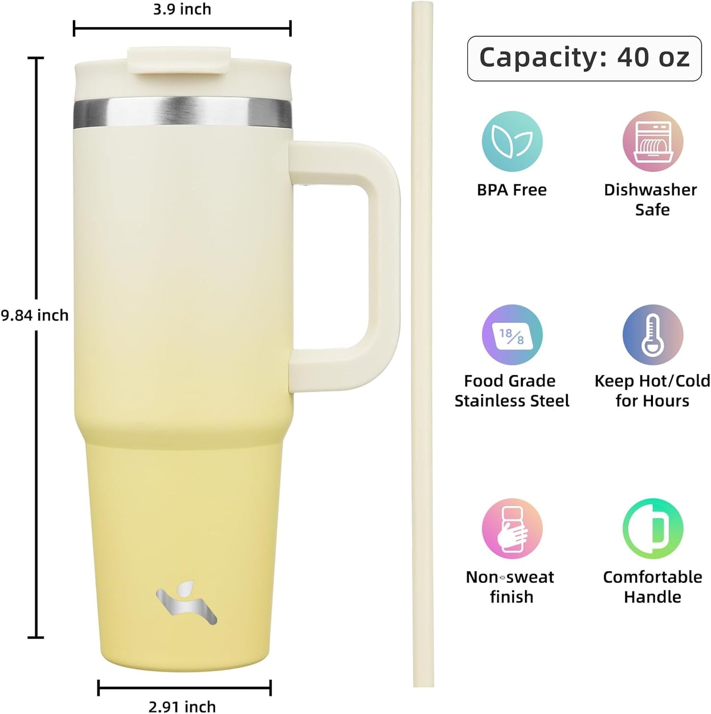 40 oz Tumbler with Handle and 2 Straws,2 in 1 Lid Insulated Water Bottle Stainless Steel Travel Coffee Mug,Lemon
