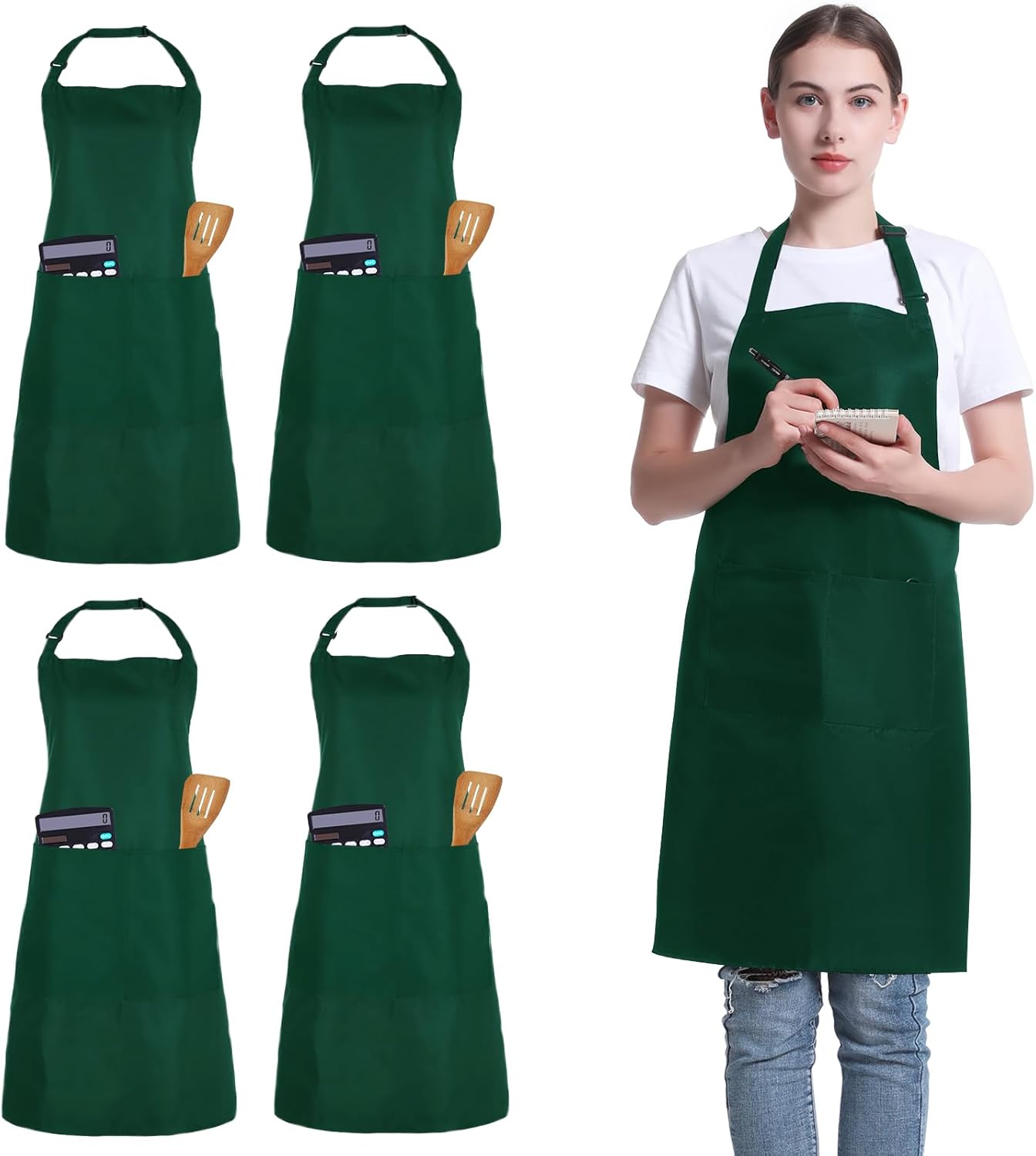 4 Pack Chef Apron, Adjustable Apron with 2 Pockets, Unisex Personalised Apron for Cooking, Kitchen, Restaurant