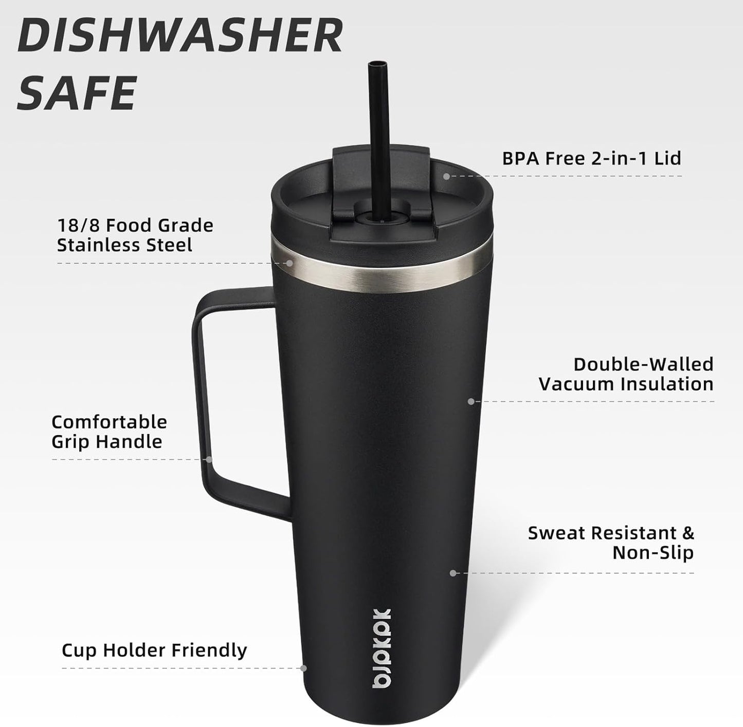 BJPKPK Insulated Tumbler with Handle, 26oz Insulated Tumblers with Lid and Straw, Stainless Steel Metal Water Bottles, Coffee Travel Mugs, Cups, Black