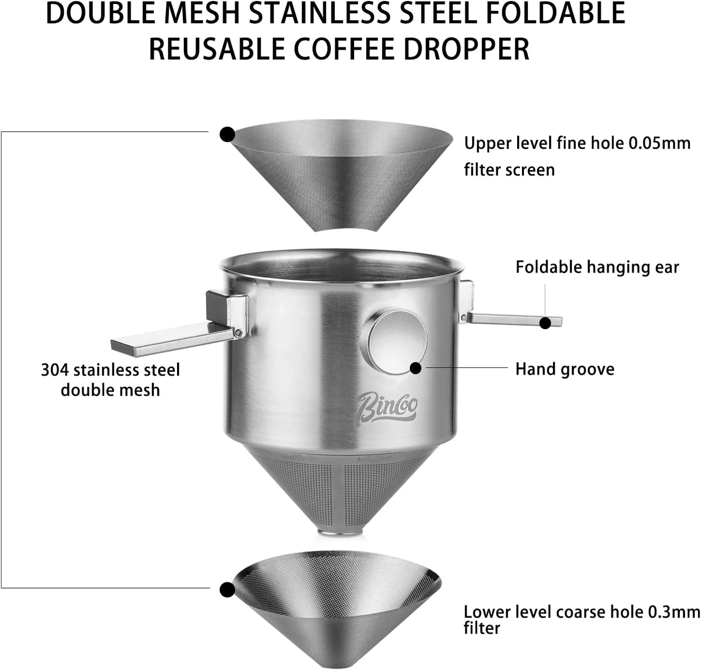 Bincoo Pour Over Coffee Dripper, Portable Stainless Steel Reusable Coffee Filter, Mini Collapsible Paperless Single Serve 1-2 Cup Coffee Dripper Cup Easy To Clean For Travel Camping Offices