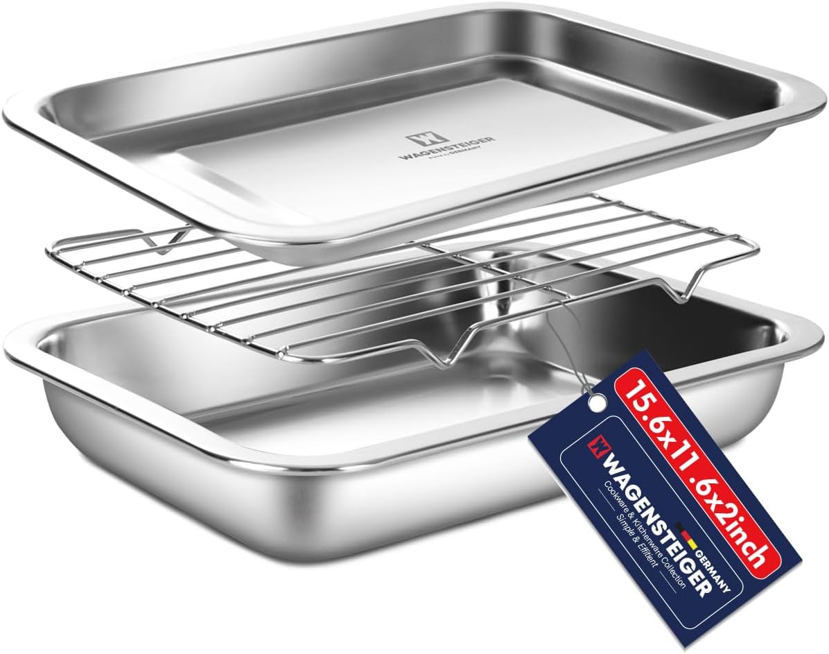 Stainless Steel Food Prep Container with Rack & Lid (Tray), 3.7Quarts, Catering Pans, Restaurant Pans, Buffet Party Pan, Roasting Pan with Rack, Bakeware Roaster, Casserole (1304 / No4)