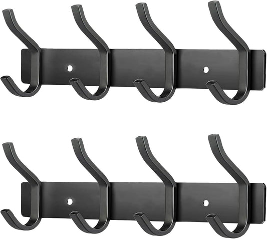 Wall Hooks Heavy Duty, 12 Inch Coat Rack Wall Mount with 4 Hooks, Black Wall Hooks for Entryway, Bathroom - for Hanging Backpack, Bag, Coat, Purse, Hat, Towel, Clothes,2 Packs