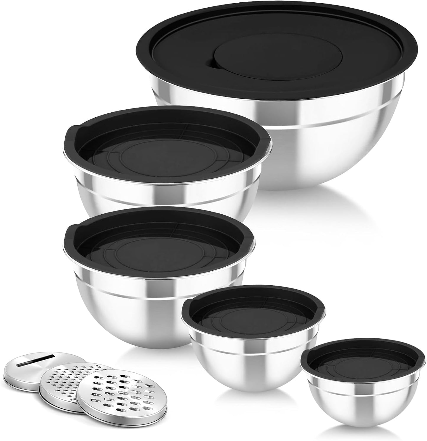 TeamFar Mixing Bowls with Airtight Lids, 5PCS Stainless Steel Metal Salad Bowl with 3 Grater Attachments, for Cooking, Prepping, Serving, Healthy & Easy Clean - 0.7/1/1.5/2.6/4.6QT, Black