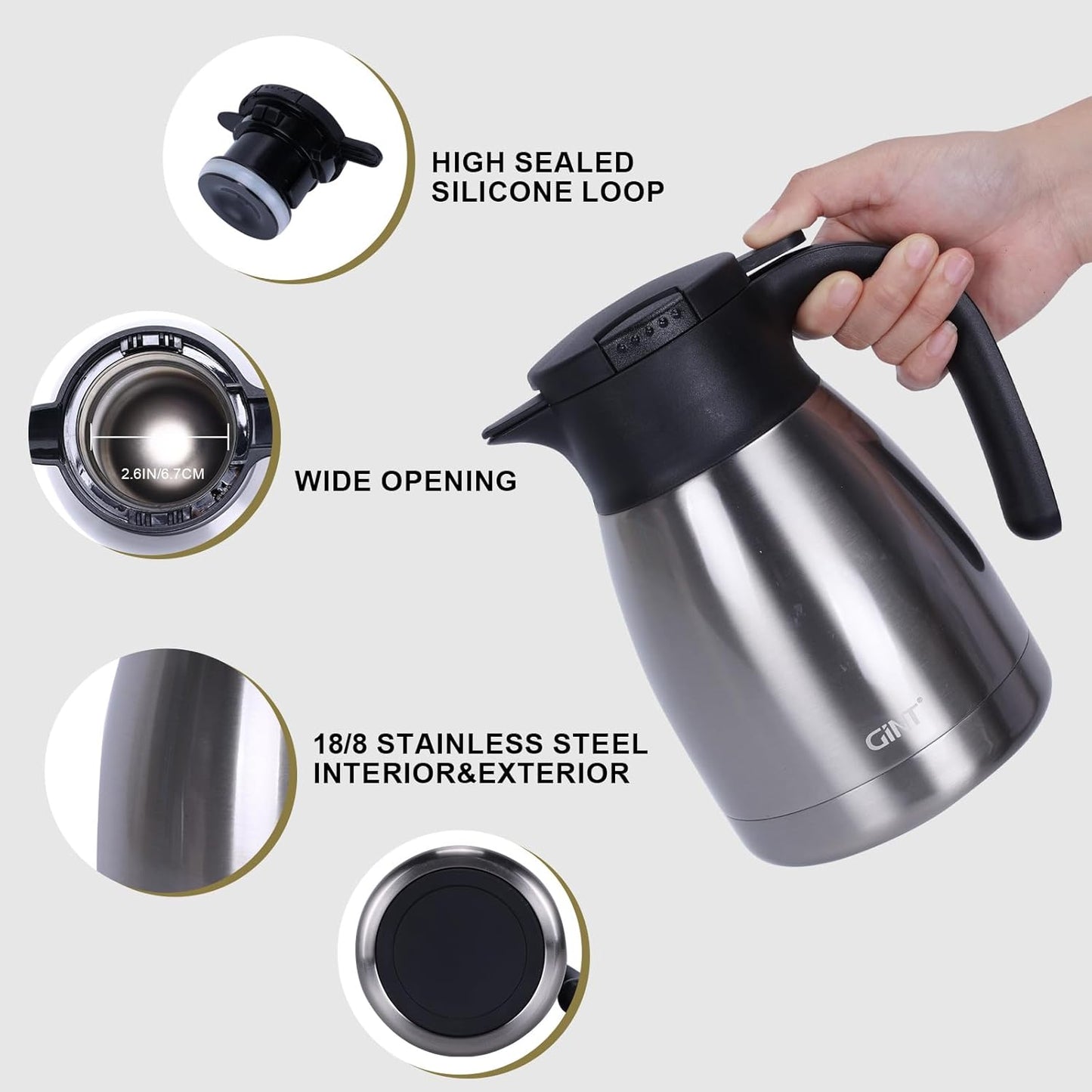 GiNT 34Oz Thermal Coffee Carafe, Insulated Stainless Steel Coffee Carafes for Keeping Hot/Double Walled Vacuum Coffee Carafe (Silver, 1L)