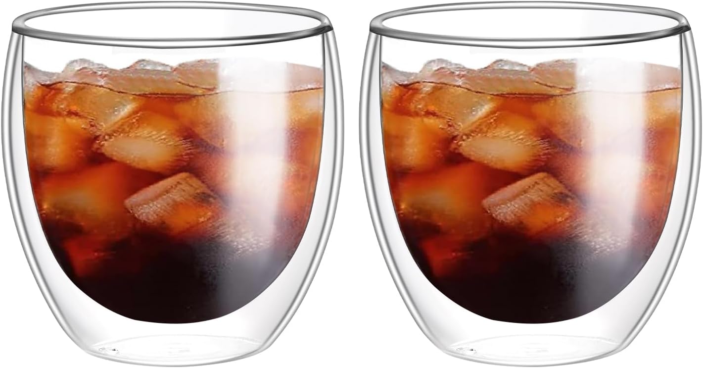 8oz Glass Coffee Mugs Set of 2, Double Walled Espresso Cups for Latte Cappuccino Cocoa Milk Cafe Juice, Clear Glass Tea Cup Set Glassware Gift for Christmas Birthday