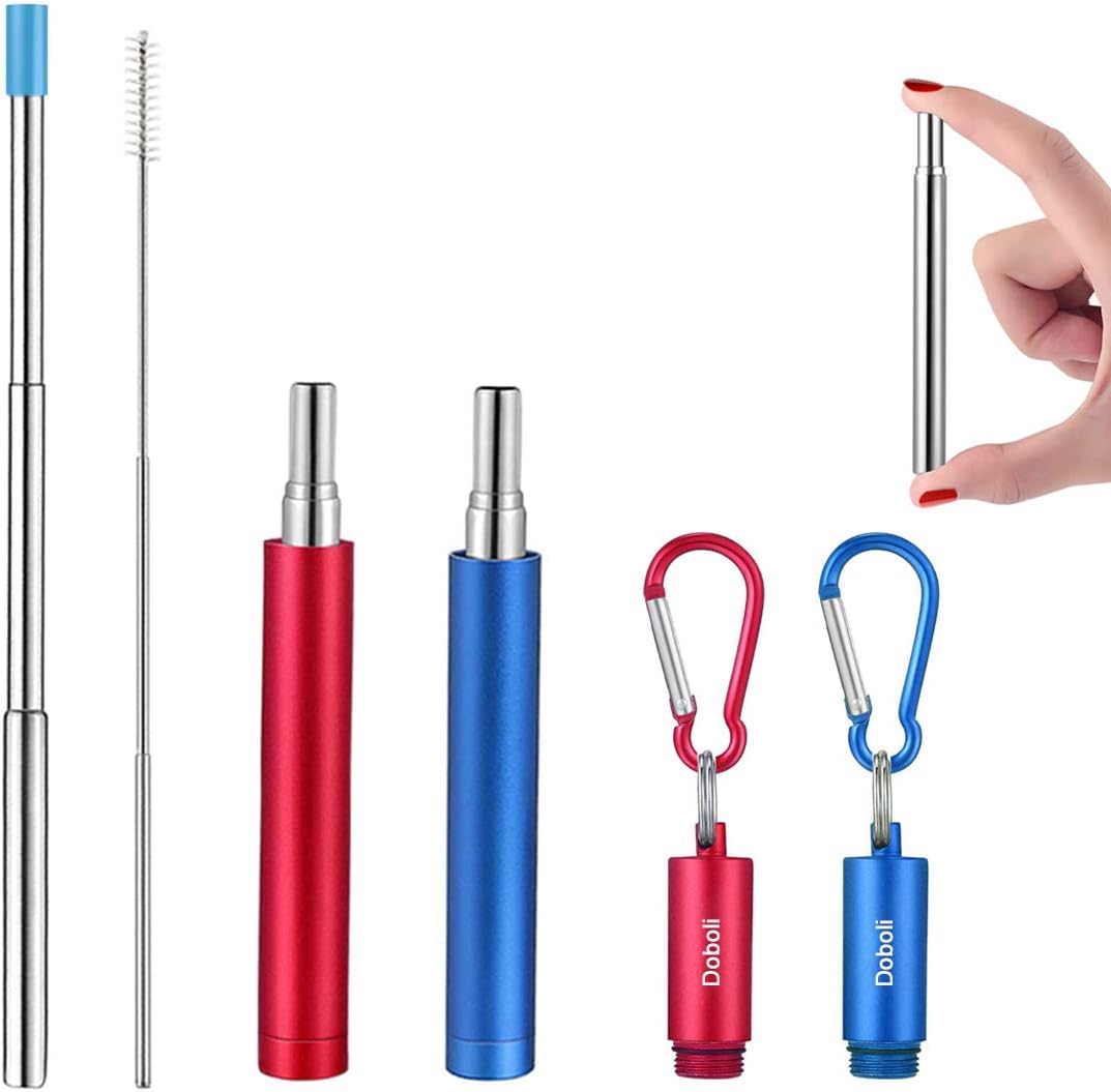 2 Pack Reusable Metal Straws Collapsible Stainless Steel Drinking Straw Travel Portable Telescopic Straw with Case,2 Cleaning Brushes Included Red/Blue