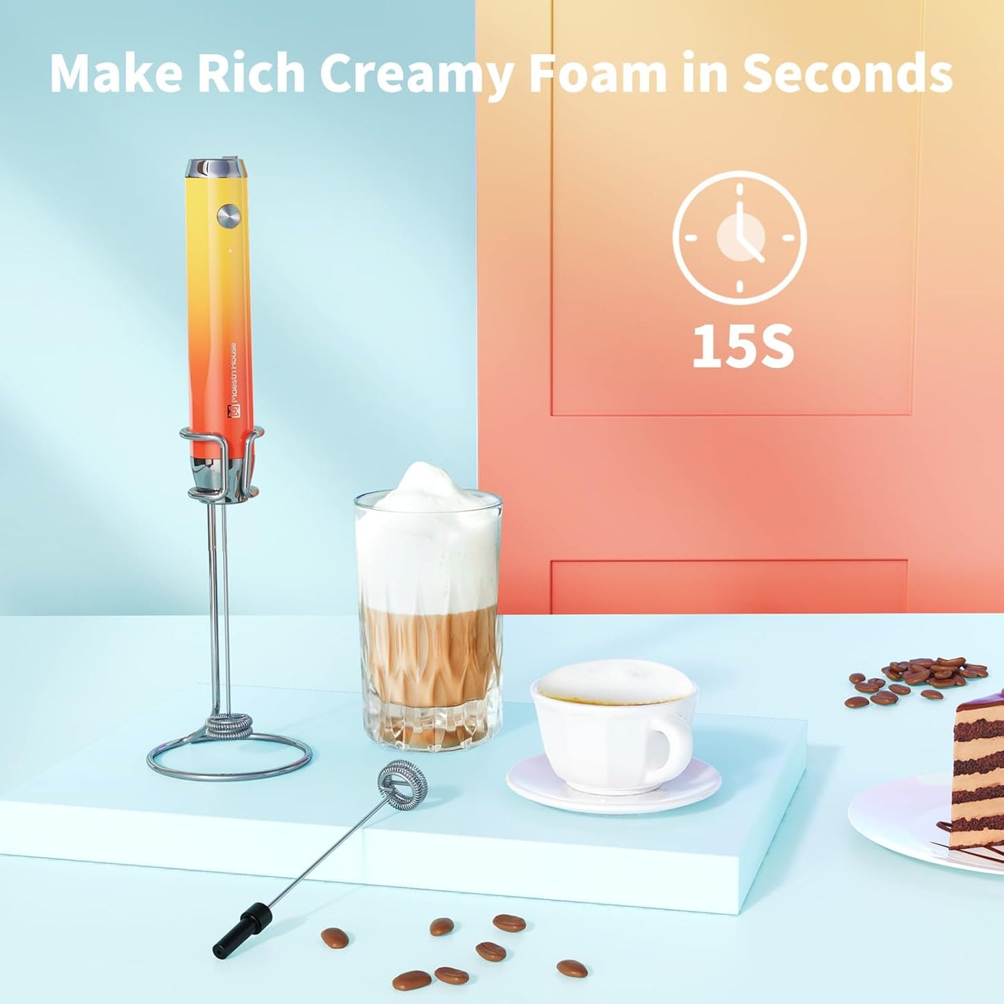 Maestri House Rechargeable Milk Frother with Stand, LunaFro Handheld Electric Foam Maker Waterproof Detachable Stainless Steel Whisk Drink Mixer Foamer for Lattes, Cappuccino