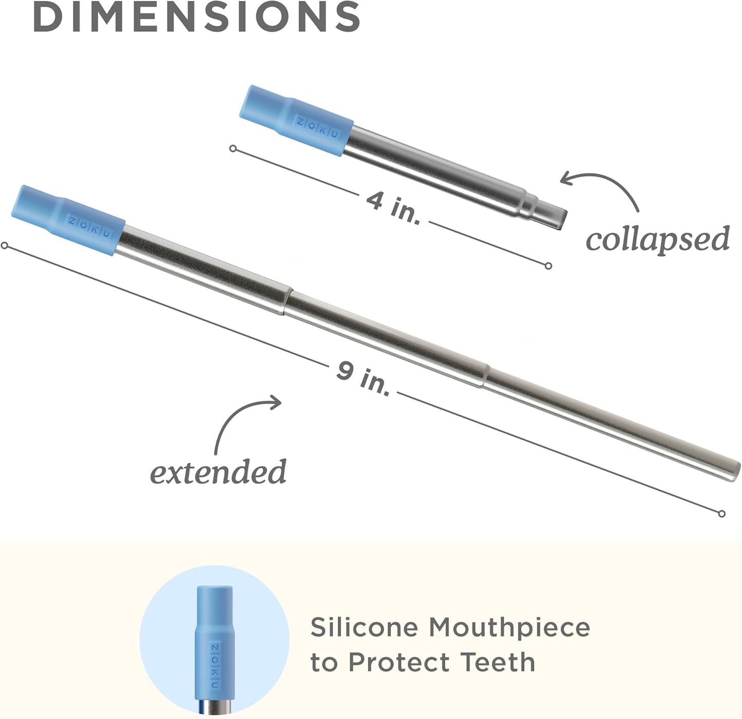 ZOKU Reusable Metal Straw with Case for Travel, Blue - Collapsible Stainless Steel Drinking Straw with Silicone Tip and Cleaner Brush, Ideal for Key Chains, Pockets, Purses
