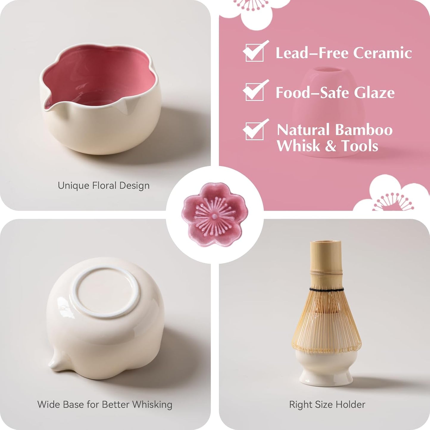 Matcha Whisk Set, 8Pcs Floral Ceramic Matcha Set with Matcha Whisk, Holder, Scoop, Scoop Rest, Sifter, Spoon and Tea Towel - Thoughtful Matcha Whisk Gift for Matcha Lovers (Beige & Pink)