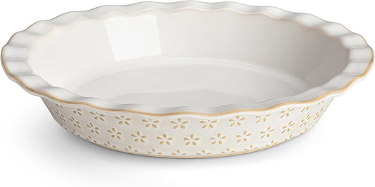 MALACASA Pie Pan, Stoneware Pie Dish for Baking, 45 OZ Deep Dish Pie Pans 9 Inch, Embossed Quiche Baking Dish for Oven, Fluted Dish Pie Plate for Apple Pie, Pot Pie and Quiche, Set of 1, Series LYDIA