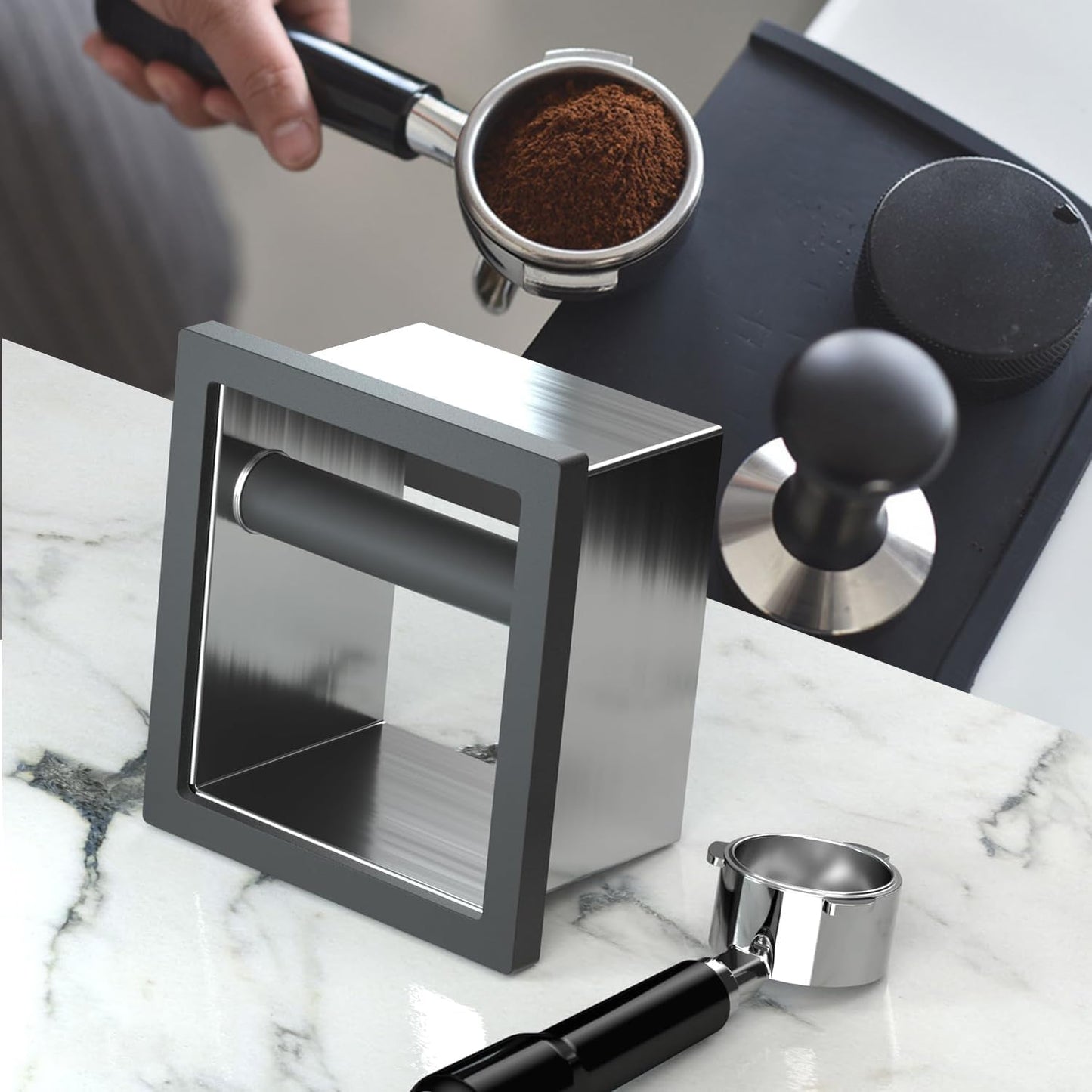 Bottomless Knock Box Espresso, Embedded Coffee Knock Box, Stainless Steel Countertop Espresso Grounds Container for Commercial Cafes Restaurants Home (5.44 x 5.91”)